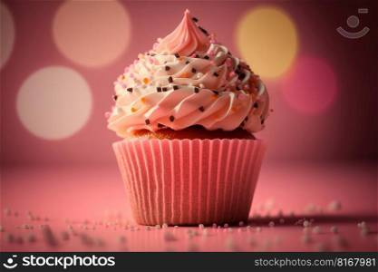 birthday cupcake on pink. Illustration Generative AI 