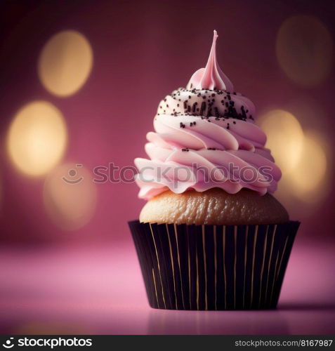 birthday cupcake on pink. Illustration Generative AI 