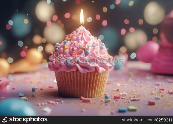 Birthday cupcake. Party candle teal. Generate Ai. Birthday cupcake. Generate Ai