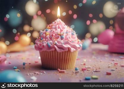 Birthday cupcake. Party candle teal. Generate Ai. Birthday cupcake. Generate Ai