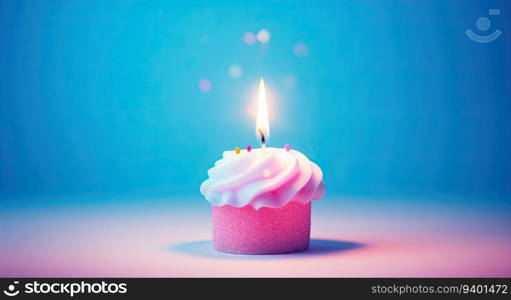 Birthday cupcake with burning candle on blue background. 3d illustration