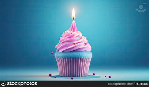 Birthday cupcake with burning candle on blue background. 3D illustration