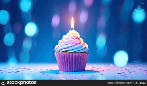 Birthday cupcake with burning candle on blue bokeh background