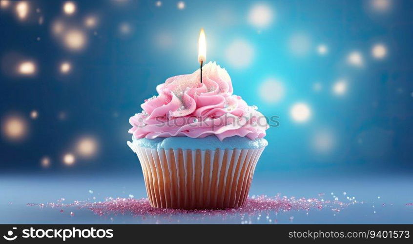 Birthday cupcake with burning candle on blue bokeh background