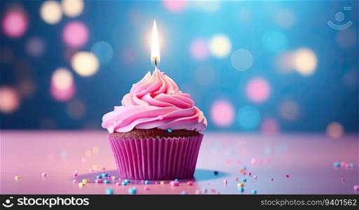 Birthday cupcake with burning candle on colorful bokeh background