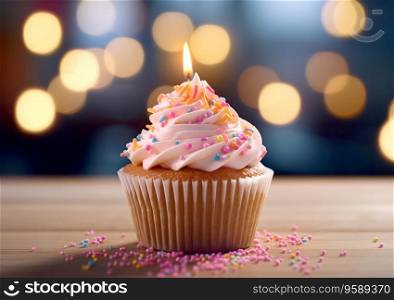 Birthday cupcake with candle and sprinklers on wooden background.AI Generative