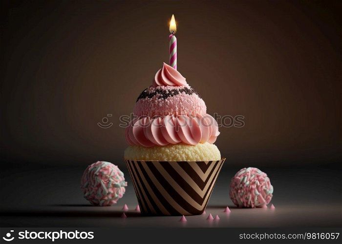 Birthday Cupcake with Candle. Illustration AI Generative