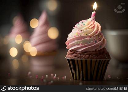 Birthday Cupcake with Candle. Illustration AI Generative