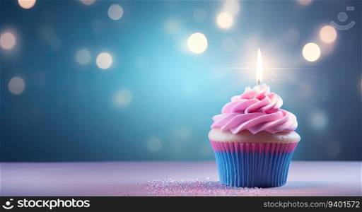 Birthday cupcake with candle on blue background with bokeh