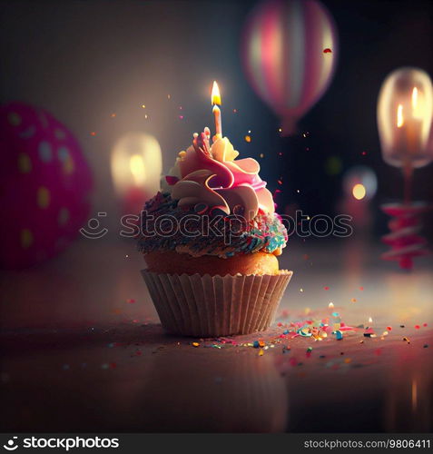 birthday cupcake with candles. Illustration AI Generative 