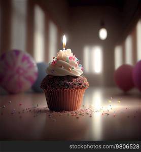 birthday cupcake with candles. Illustration AI Generative 