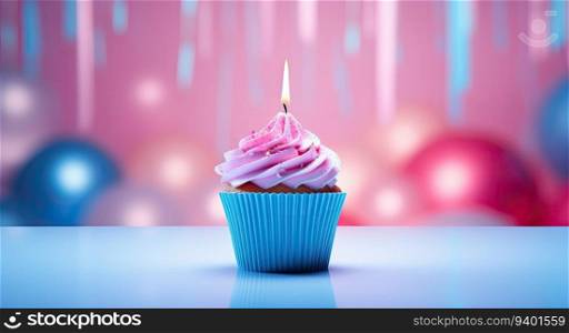 Birthday cupcake with pink cream and burning candle on blue background