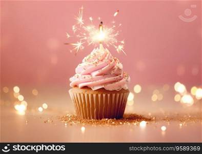 Birthday cupcake with sparkler and sprinklers on pink background.AI Generative