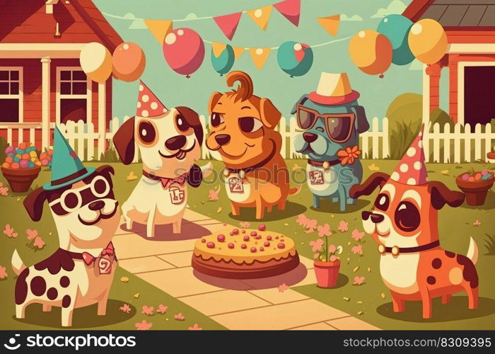 Birthday dog party or gardenπcnic with happy dog guests in costume and decoration, food. Puppyπcnic trend concept. Ge≠rative AI. Birthday dog party or garden puppyπcnic with dog guests. Ge≠rative AI