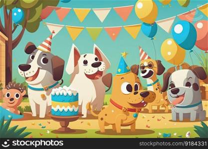 Birthday dog party or garden picnic with happy dog guests in costume and decoration, food. Puppy picnic trend concept. Generative AI. Birthday dog party or garden puppy picnic with dog guests. Generative AI