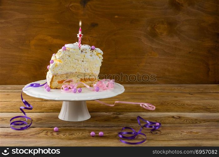 Birthday meringue cake on the wooden table, place for text. Birthday Cake. Meringue cake. Pavlova. Birthday card. Birthday meringue cake on the wooden table
