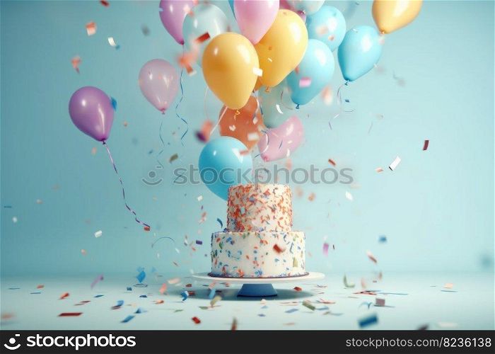 Birthday party balloons with cake. Happy party. Generate Ai. Birthday party balloons with cake. Generate Ai
