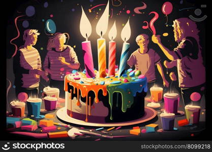 birthday party celebration with friends and cake. Neural network AI generated art. birthday party celebration with friends and cake. Neural network AI generated
