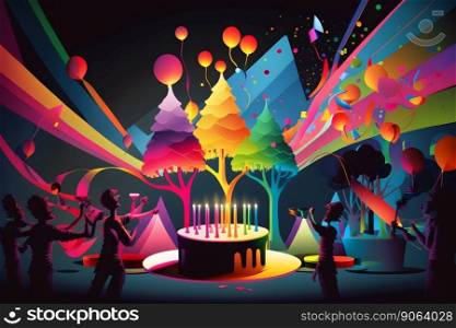birthday party celebration with friends and cake. Neural network AI generated art. birthday party celebration with friends and cake. Neural network AI generated