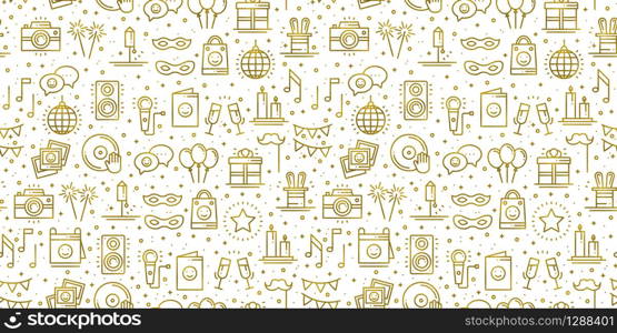 Birthday party seamless pattern in gold. Party decor elements: birthday cake, gift, confetti. Festive, event, entertainment, fun, carnival theme. Golden texture. Vector illustration. Line background. Birthday party seamless pattern in gold. Party decor elements: birthday cake, gift, confetti. Festive, event, entertainment, fun, carnival theme. Golden texture. Vector illustration. Line background.