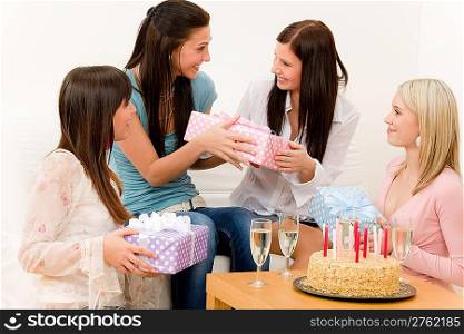 Birthday party - woman getting present, surprise, cake