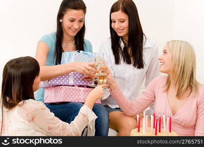 Birthday party - woman toasting with champagne, getting present