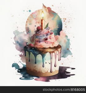 birthday watercolor cake on white background. Illustration Generative AI 