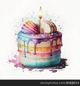 birthday watercolor cake on white background. Illustration Generative AI 