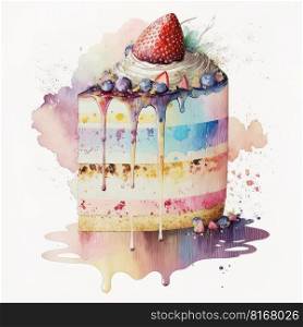 birthday watercolor cake on white background. Illustration Generative AI 