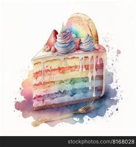 birthday watercolor cake on white background. Illustration Generative AI 