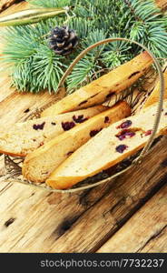 Biscotti popular italian dry biscuits. Cantuccini christmas food. Biscotti cantuccini cookies on a rustic background