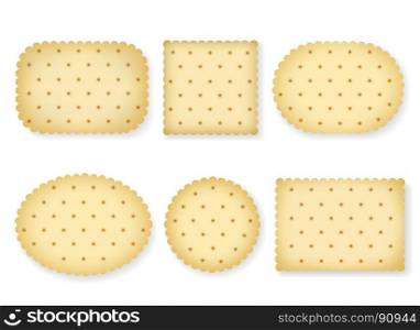 Biscuit crackers isolated on white. Biscuit crackers isolated on white background. Vector cartoon biscuits cookies of different shapes with cookie cracker texture