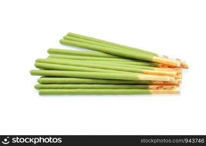 biscuit stick with green tea flavored isolated on white background.
