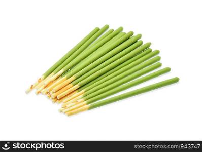 biscuit stick with green tea flavored on white background.