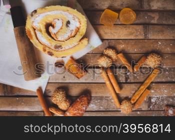 biscuits cake lying on a brown board rustic heart shaped breakfast for Valentine&rsquo;s Day for lovers.