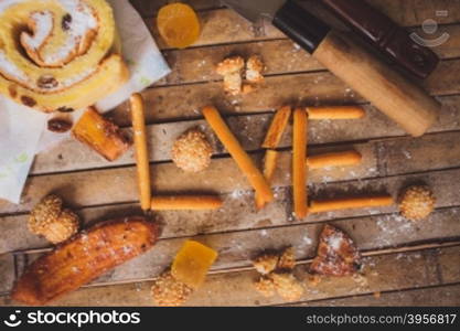 biscuits cake lying on a brown board rustic love shaped breakfast for Valentine&rsquo;s Day for lovers.