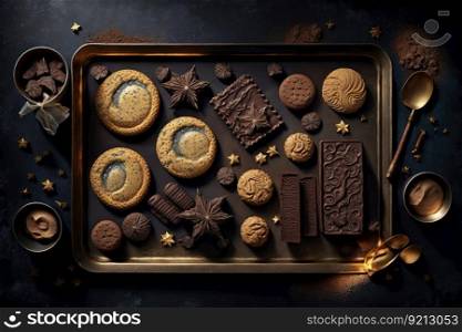 biscuits on baking tray with gold decoration brownies and cookies, created with generative ai. biscuits on baking tray with gold decoration brownies and cookies