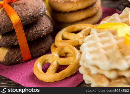 Biscuits on table. Assorted biscuits and sweets on table