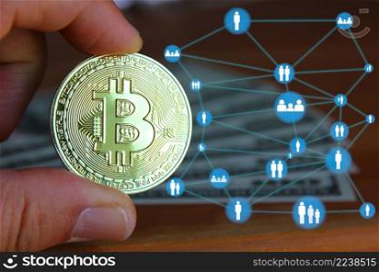 bit coin with people , hand holding bit coin with network people