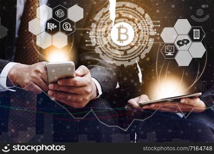 Bitcoin and cryptocurrency investing concept - Businessman using mobile phone application to trade Bitcoin BTC with another trader in modern graphic interface. Blockchain and financial technology.. Bitcoin BTC and Cryptocurrency Trading Concept