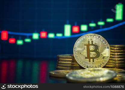 Bitcoin and cryptocurrency trading system concept - Image of Physical bitcoin pile against market price chart as blur background.