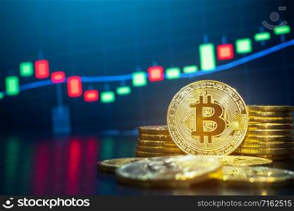 Bitcoin and cryptocurrency trading system concept - Image of Physical bitcoin pile against market price chart as blur background.