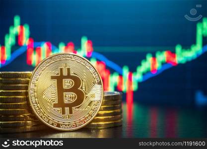 Bitcoin and cryptocurrency trading system concept - Image of Physical cryptography bitcoin pile against market price chart as blur background.