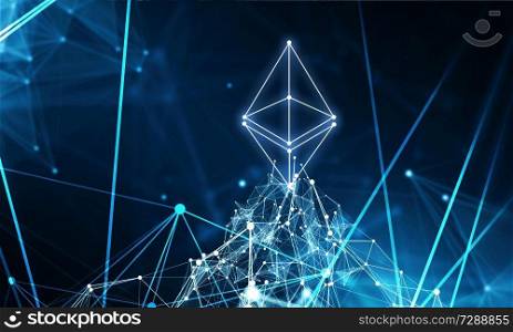 Bitcoin and Ethereum symbols on abstract blue background. 3d rendering. Ethereum symbol and connection lines