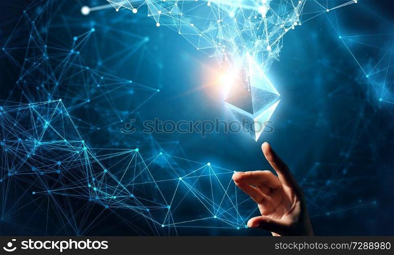 Bitcoin and Ethereum symbols on abstract blue background. 3d rendering. Ethereum symbol and connection lines