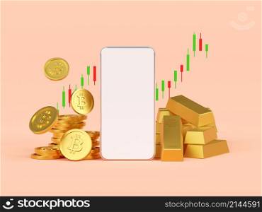 Bitcoin and gold application trading on smartphone, 3d illustration