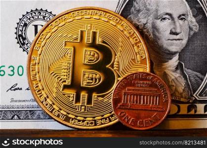 Bitcoin and the American cent against the background of the us dollar. Concept of advantage of digital currency versus physical money. Big bitcoin and American cent against the background of the US dollar