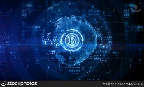 Bitcoin blockchain cryptocurrency digital encryption, Digital money exchange, Technology global network connections background concept. 3D Rendering