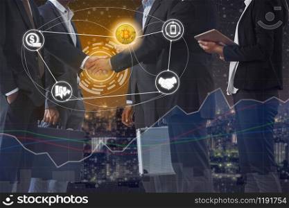 Bitcoin (BTC) and cryptocurrency payment acceptance concept - Businessman handshaking showing accepted payment by using Bitcoin. Blockchain and financial technology.. Bitcoin BTC and Cryptocurrency Payment Accept