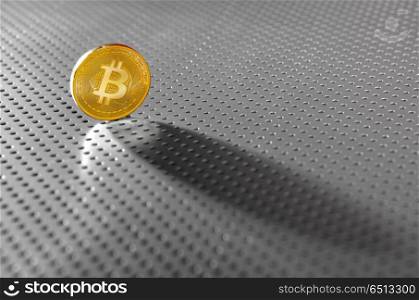 Bitcoin BTC coin shadow on the silver soil. Bitcoin BTC coin shadow on the soil silver background